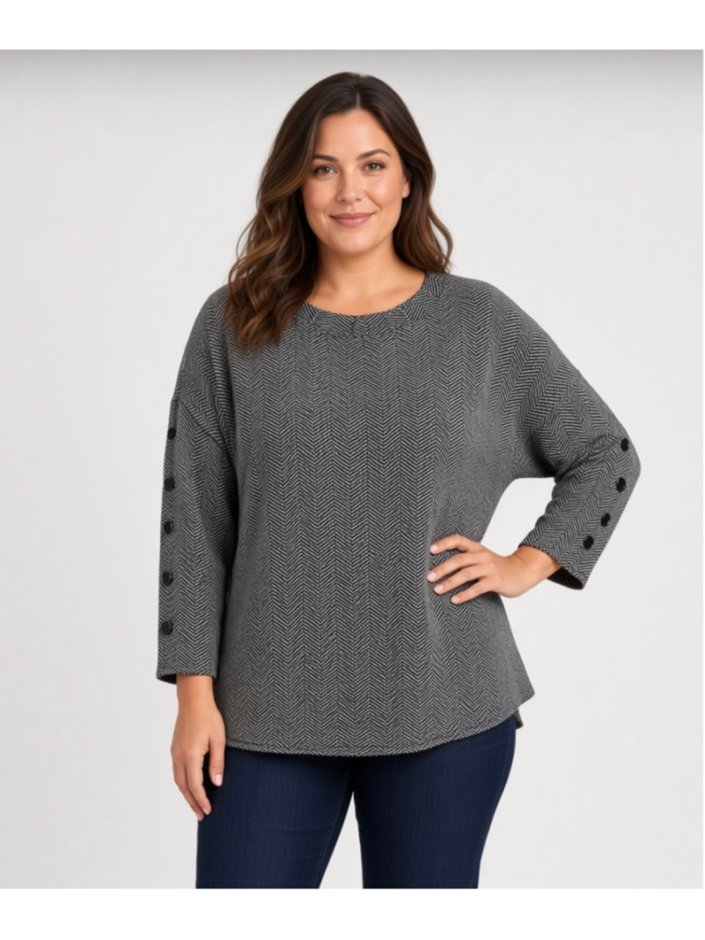 Liz Claiborne Black White Herringbone Button Sleeve Top Sweater Tunic Size XL